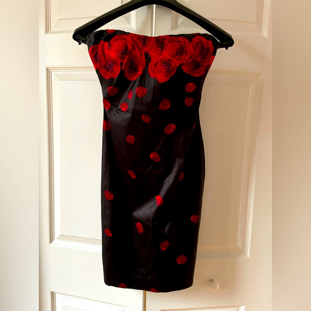 Bebe Roses Strapless Bodycon Black Satin-feel Dress Y2k Valentines cocktail